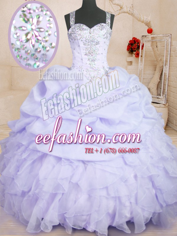  Lavender Zipper Straps Beading and Ruffles and Pick Ups Quinceanera Dress Organza Sleeveless