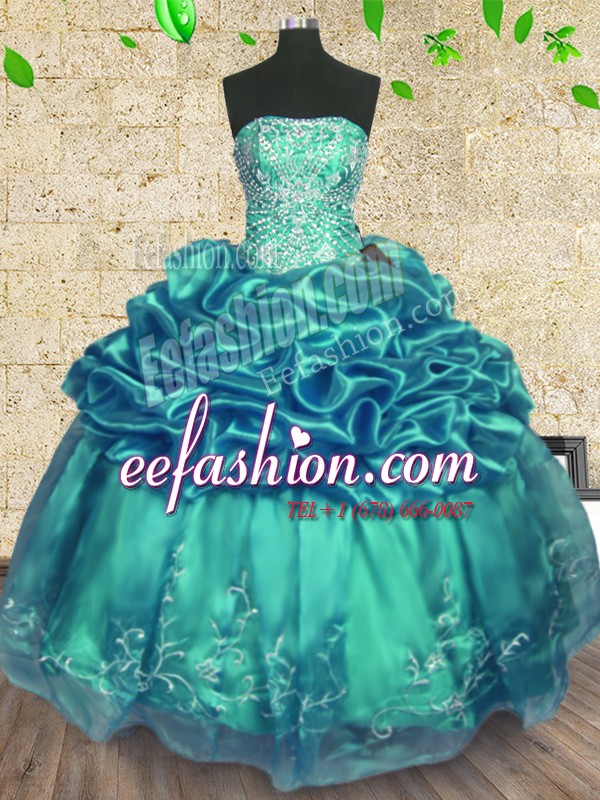  Floor Length Turquoise Sweet 16 Dresses Organza and Taffeta Sleeveless Beading and Ruffles