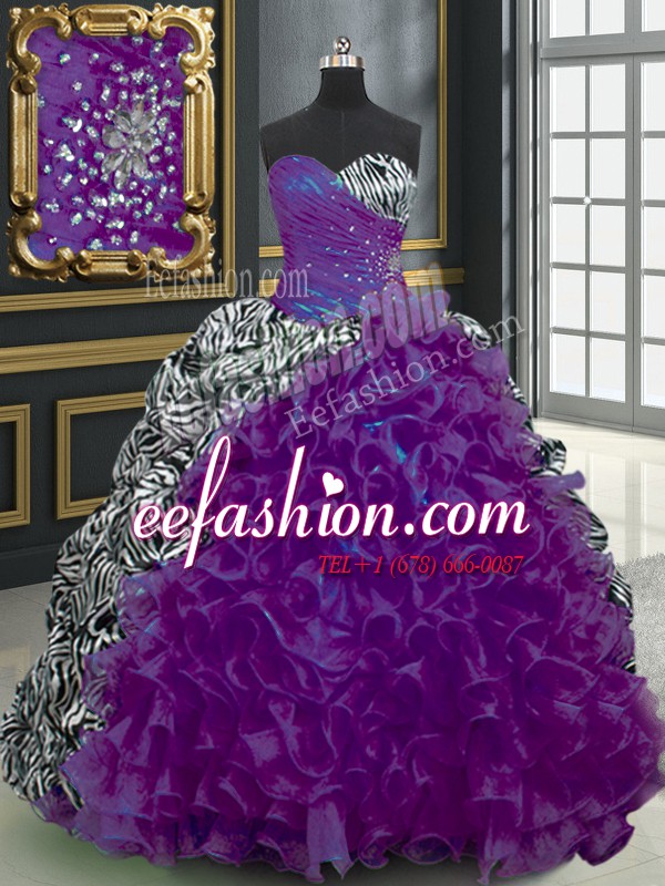 Customized Purple Organza and Printed Lace Up Sweetheart Sleeveless With Train Quince Ball Gowns Brush Train Beading and Ruffles and Pattern