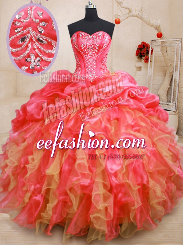 Extravagant Red Organza Lace Up Sweetheart Sleeveless Floor Length Sweet 16 Dress Beading and Ruffles