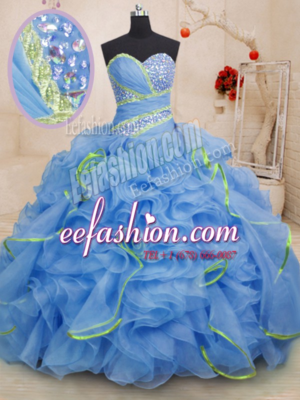  Blue Lace Up Quinceanera Dresses Beading and Ruffles Sleeveless With Brush Train