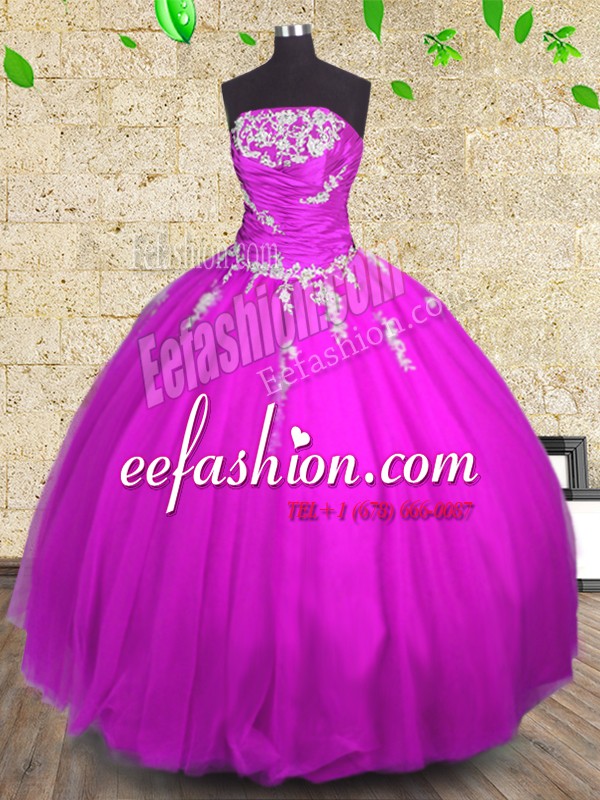 Wonderful Fuchsia Tulle Lace Up Quince Ball Gowns Sleeveless Floor Length Appliques and Ruching