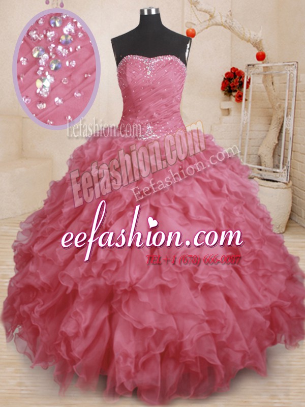 Floor Length Lace Up Quinceanera Gown Pink for Military Ball and Sweet 16 and Quinceanera with Beading and Ruffles and Ruching