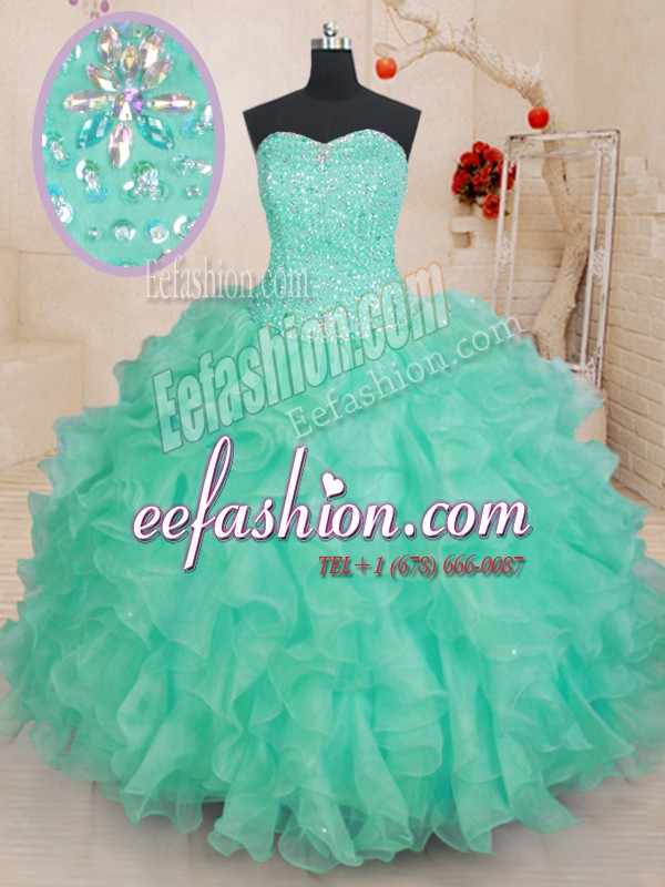 Simple Apple Green Lace Up Sweetheart Beading and Ruffles Vestidos de Quinceanera Organza Sleeveless