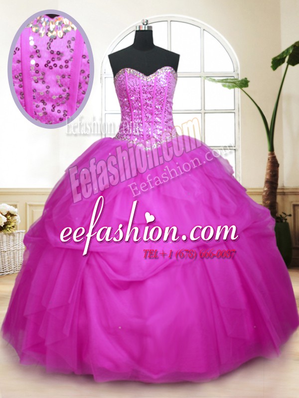  Fuchsia Lace Up Sweet 16 Dress Sequins and Pick Ups Sleeveless Floor Length