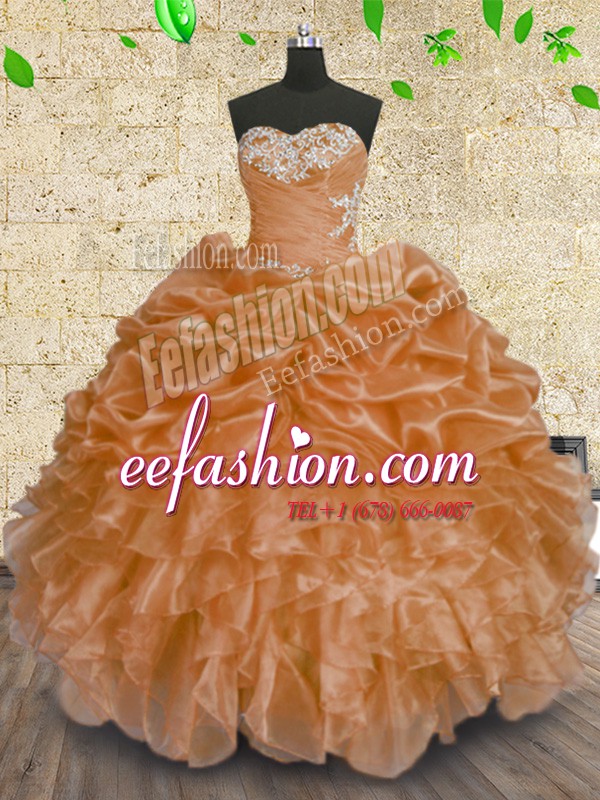  Sequins Orange Sleeveless Organza Lace Up 15th Birthday Dress for Military Ball and Sweet 16 and Quinceanera