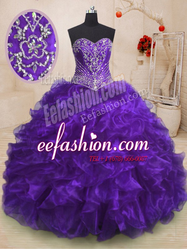 Suitable Sweetheart Sleeveless Sweep Train Lace Up Ball Gown Prom Dress Purple Organza