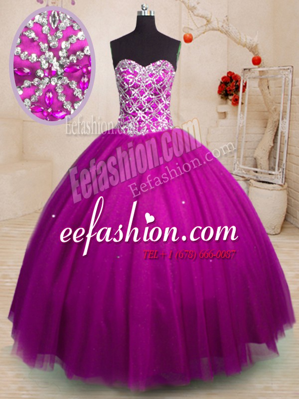 Clearance Ball Gowns Sweet 16 Dresses Fuchsia Sweetheart Tulle Sleeveless Floor Length Lace Up