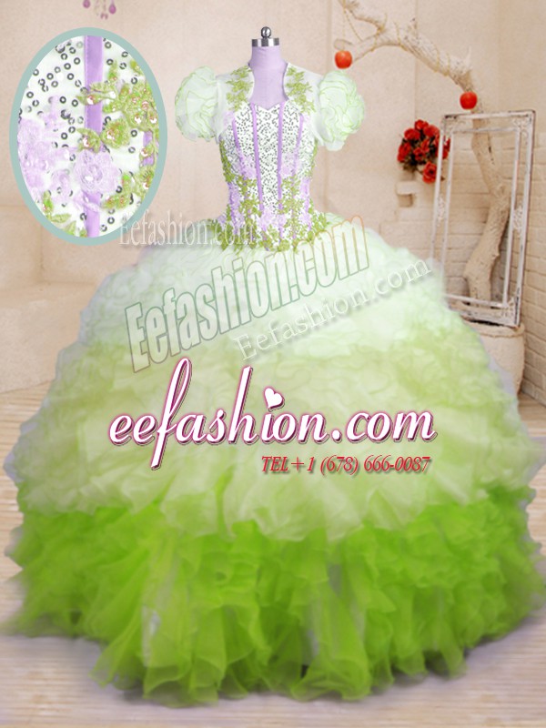  Beading and Appliques and Ruffles Quinceanera Gown Multi-color Lace Up Sleeveless With Brush Train