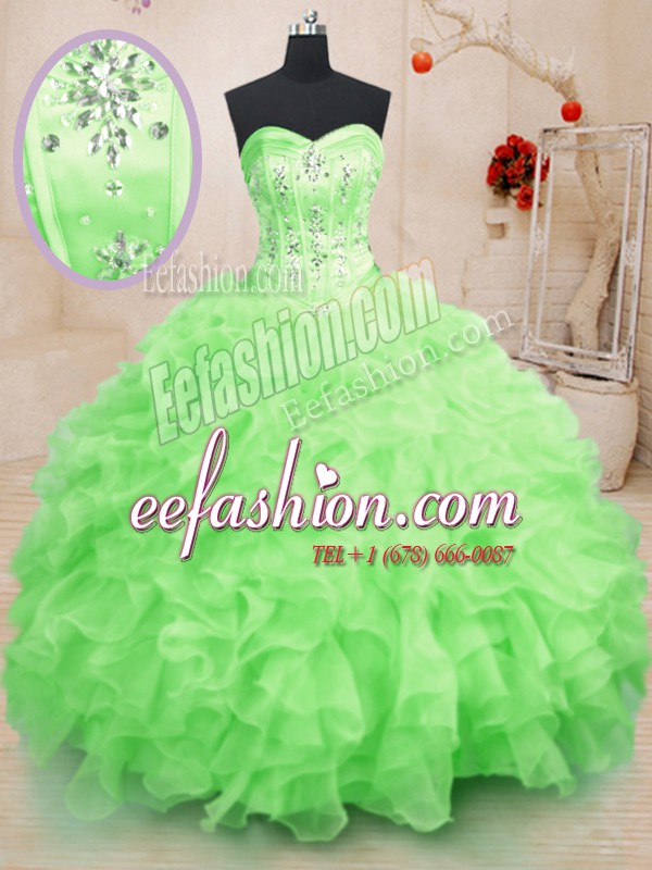 Glamorous Sleeveless Organza Floor Length Lace Up 15th Birthday Dress in with Beading and Ruffles