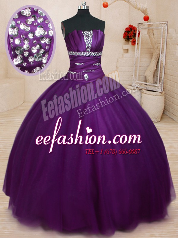  Strapless Sleeveless Lace Up Ball Gown Prom Dress Dark Purple Tulle