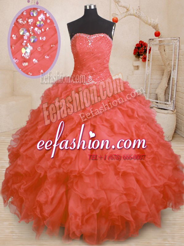 Extravagant Floor Length Lace Up 15th Birthday Dress Orange Red for Military Ball and Sweet 16 and Quinceanera with Beading and Ruffles and Ruching
