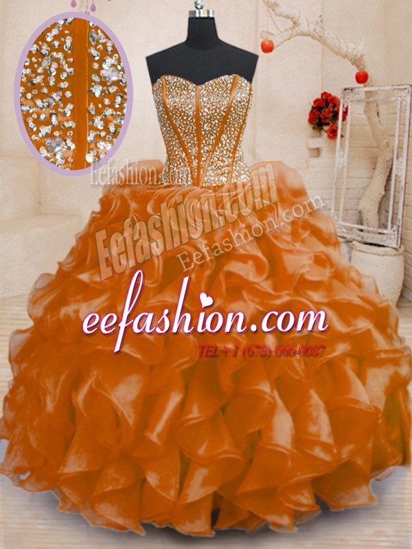  Organza Sweetheart Sleeveless Lace Up Beading and Ruffles 15th Birthday Dress in Orange