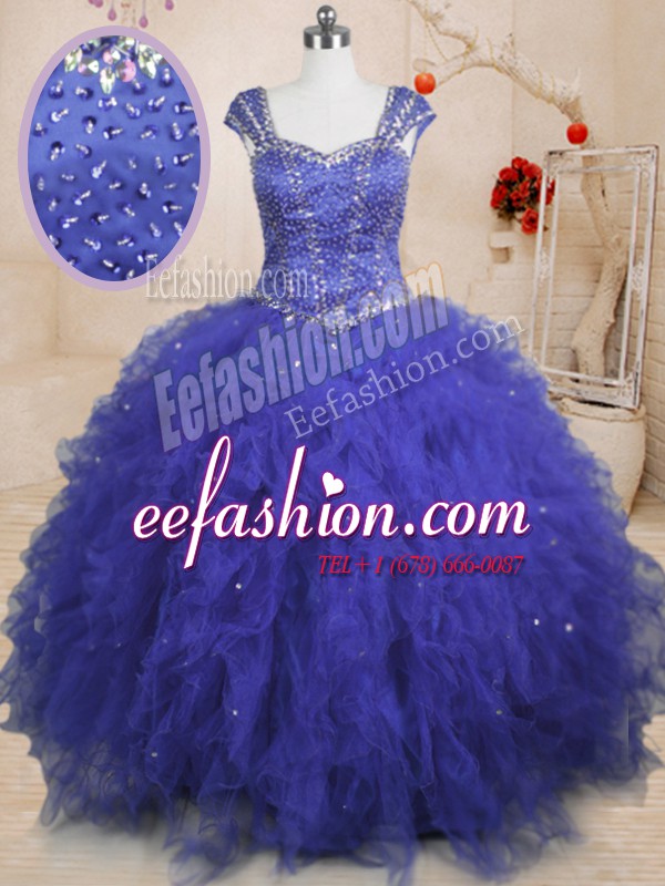  Royal Blue Cap Sleeves Beading and Ruffles and Sequins Floor Length Quince Ball Gowns