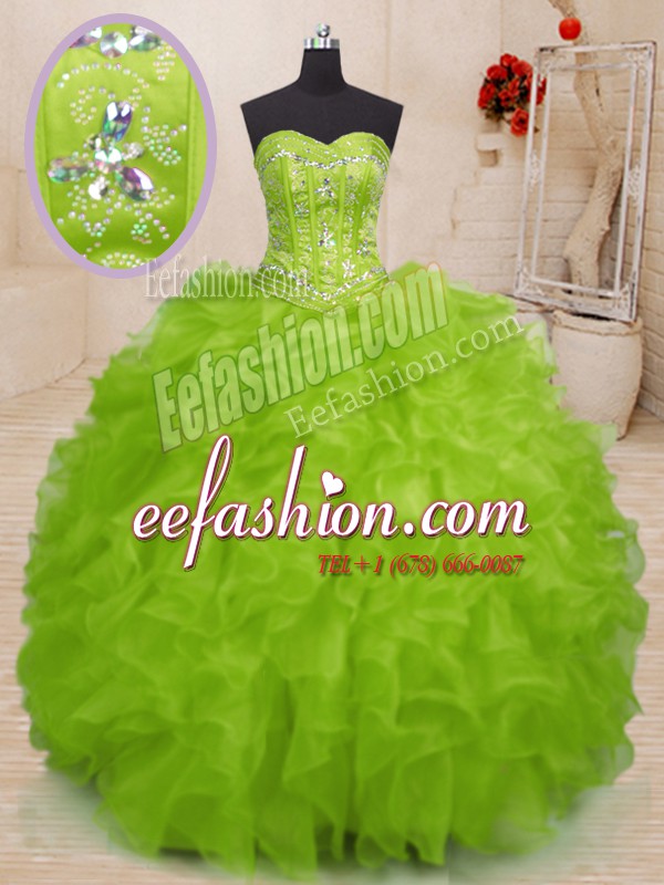 Custom Fit Sleeveless Floor Length Beading and Ruffles Lace Up Ball Gown Prom Dress with Yellow Green