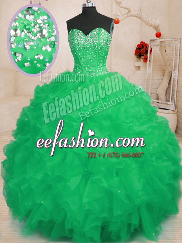 Sophisticated Sleeveless Floor Length Beading and Ruffles Lace Up 15 Quinceanera Dress with Turquoise