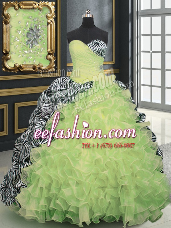  Printed With Train Ball Gowns Sleeveless Yellow Green Quince Ball Gowns Brush Train Lace Up