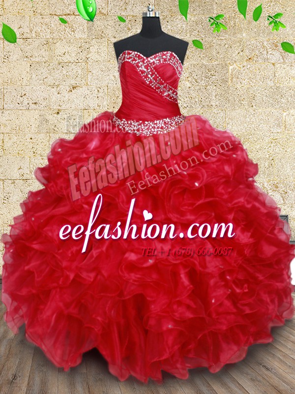  Red Ball Gown Prom Dress Military Ball and Sweet 16 and Quinceanera and For with Beading and Ruffles Sweetheart Sleeveless Lace Up