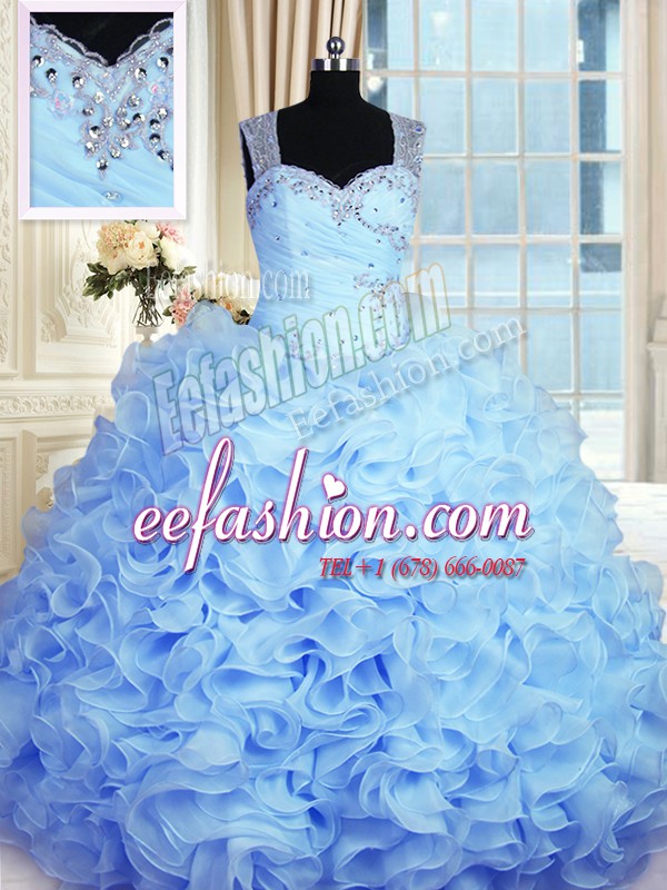  Sleeveless Floor Length Beading and Ruffles Zipper Quinceanera Gown with Baby Blue