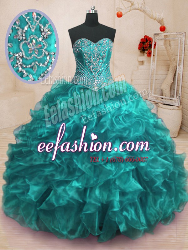  Sleeveless With Train Beading and Ruffles Lace Up Quince Ball Gowns with Teal Sweep Train