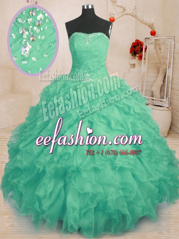 Affordable Sleeveless Lace Up Floor Length Beading and Ruffles and Ruching Quince Ball Gowns