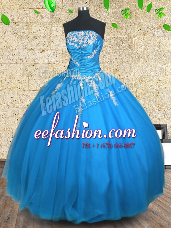  Strapless Sleeveless Tulle 15th Birthday Dress Appliques and Ruching Lace Up