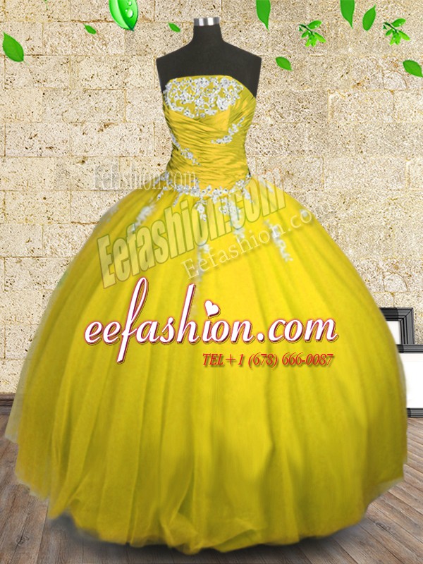 Yellow Sweet 16 Quinceanera Dress Military Ball and Sweet 16 and Quinceanera and For with Appliques and Ruching Strapless Sleeveless Lace Up
