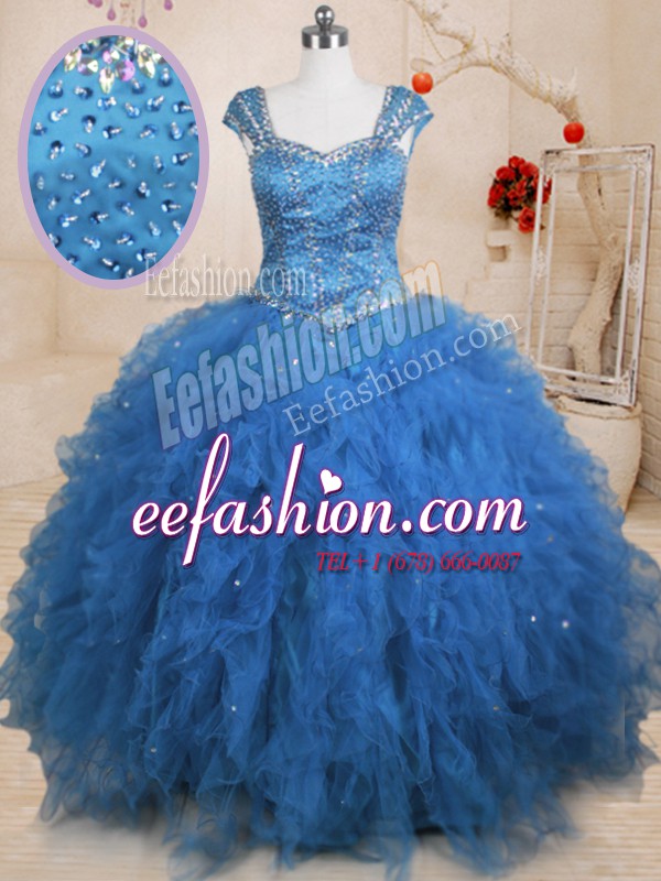 Floor Length Teal Ball Gown Prom Dress Tulle Cap Sleeves Beading and Ruffles and Sequins