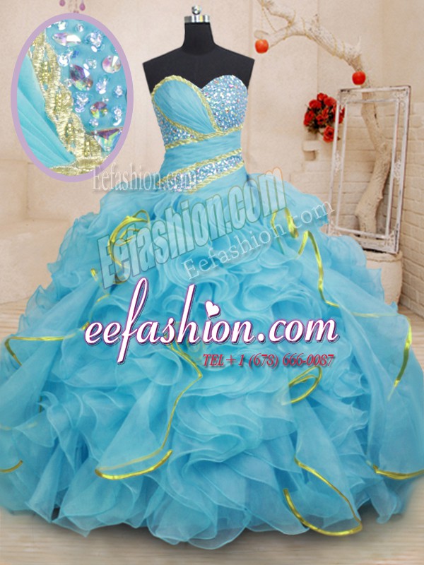  Baby Blue Organza Lace Up Quince Ball Gowns Sleeveless With Brush Train Beading and Ruffles