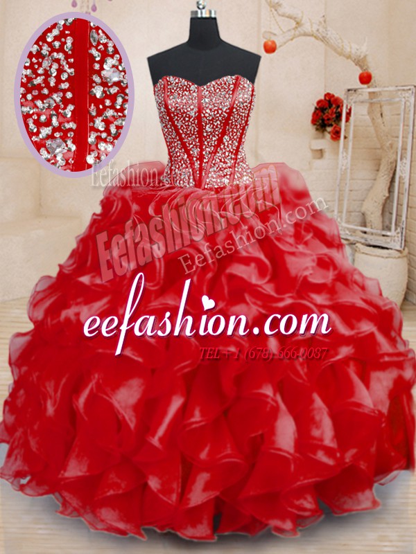 Best Red Ball Gowns Beading and Ruffles Quinceanera Dresses Lace Up Organza Sleeveless Floor Length