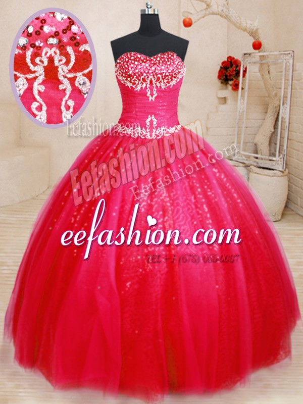  Red Sleeveless Floor Length Beading Lace Up Sweet 16 Dress