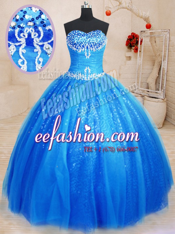  Floor Length Royal Blue Quinceanera Dress Tulle and Sequined Sleeveless Beading and Appliques