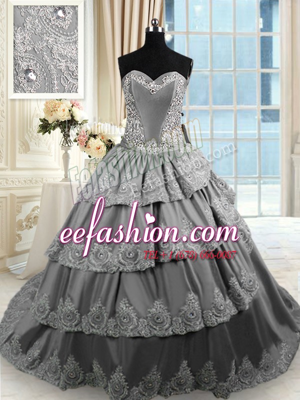 Modern Grey Sleeveless Court Train Beading and Appliques and Ruffled Layers With Train Sweet 16 Quinceanera Dress