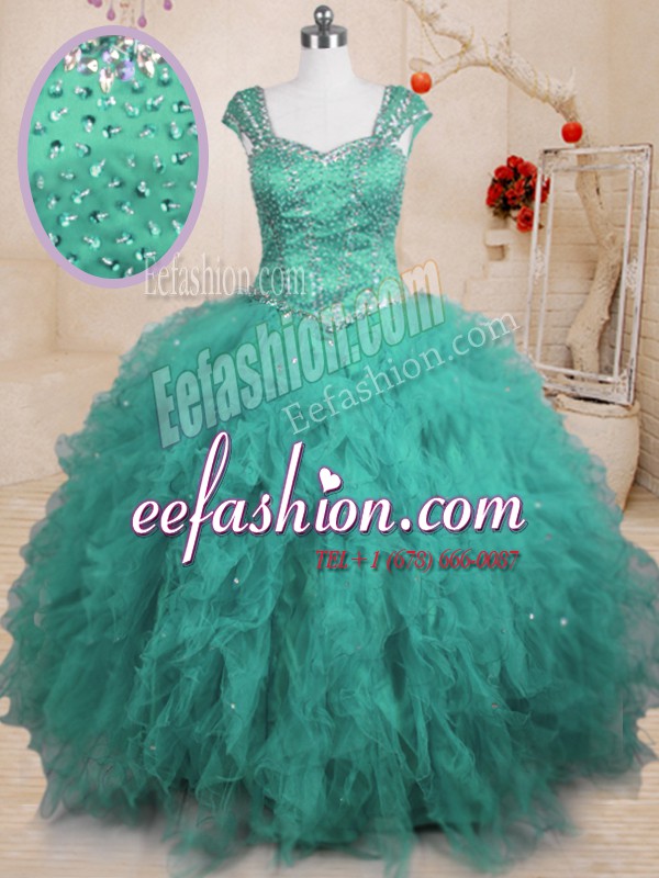 Modern Floor Length Turquoise Quinceanera Dress Square Cap Sleeves Lace Up