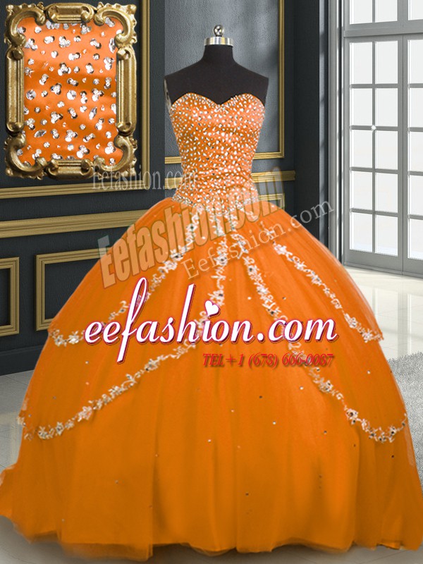 Orange Ball Gowns Tulle Sweetheart Sleeveless Beading and Appliques With Train Lace Up Sweet 16 Quinceanera Dress Brush Train