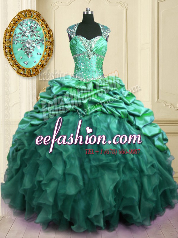 Spectacular Turquoise Organza and Taffeta Lace Up Sweet 16 Dresses Cap Sleeves With Brush Train Beading and Ruffles and Pick Ups