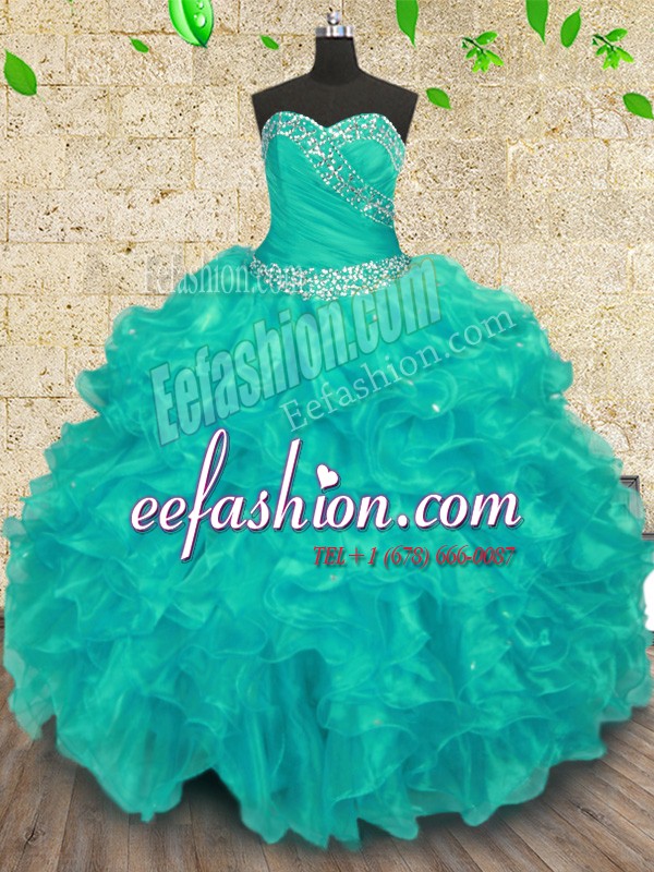  Turquoise Sleeveless Organza Lace Up 15th Birthday Dress for Military Ball and Sweet 16 and Quinceanera