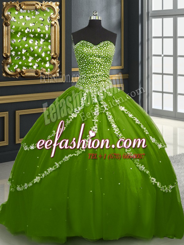 Stunning Olive Green Ball Gowns Tulle Sweetheart Sleeveless Beading and Appliques With Train Lace Up Quinceanera Gowns Brush Train