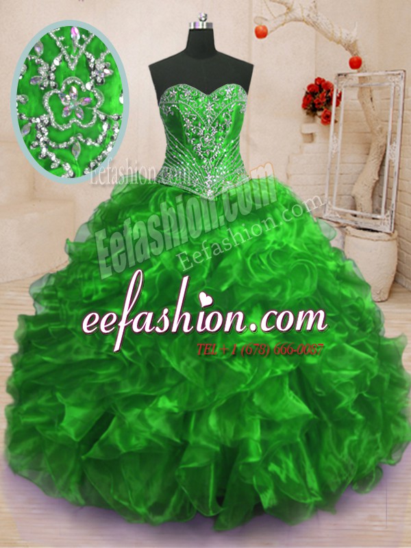 Modern Ball Gowns Organza Sweetheart Sleeveless Beading and Ruffles With Train Lace Up Quinceanera Dresses Sweep Train