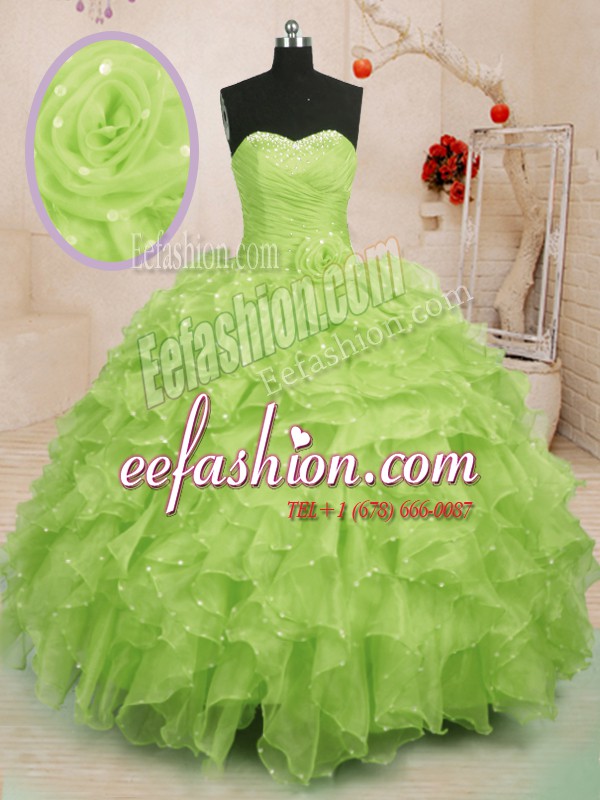 Dynamic Yellow Green Ball Gowns Sweetheart Sleeveless Organza Floor Length Lace Up Beading and Ruffles and Hand Made Flower Ball Gown Prom Dress