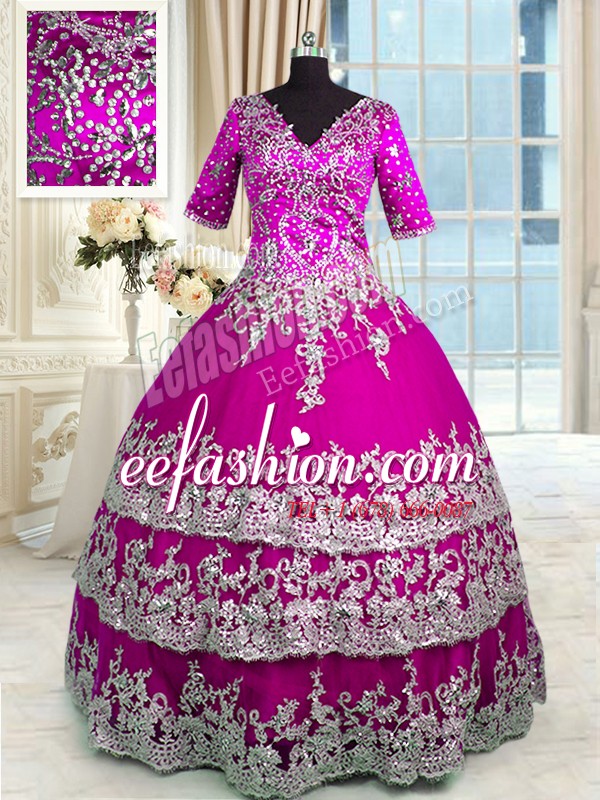  Fuchsia Sweet 16 Quinceanera Dress Military Ball and Sweet 16 and Quinceanera and For with Beading and Appliques and Ruffled Layers V-neck Half Sleeves Zipper