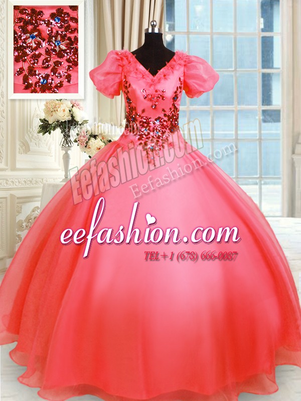  Organza V-neck Short Sleeves Lace Up Appliques Sweet 16 Quinceanera Dress in Coral Red