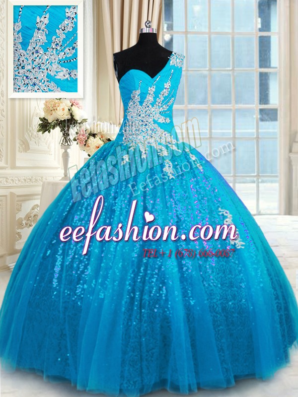 Excellent One Shoulder Floor Length Baby Blue Quinceanera Dresses Tulle and Sequined Sleeveless Appliques