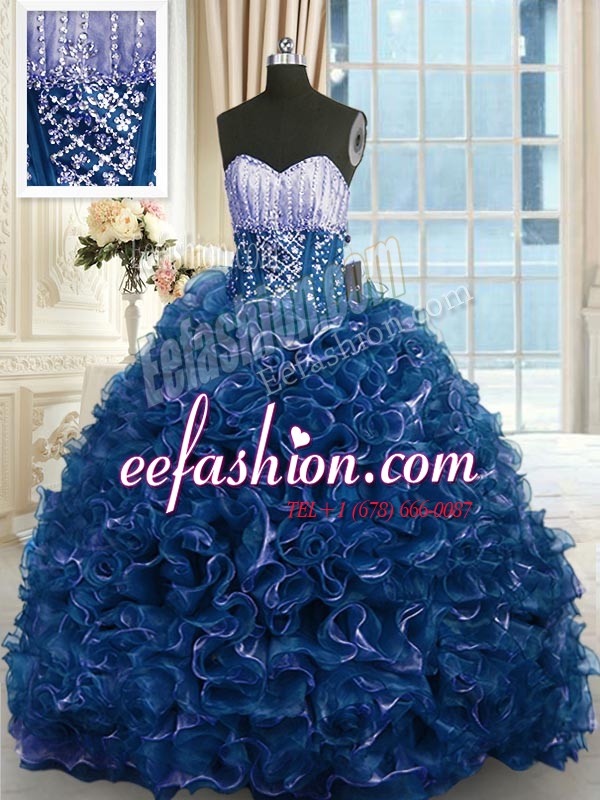 Fabulous Sweetheart Sleeveless Organza 15th Birthday Dress Beading and Ruffles Brush Train Lace Up