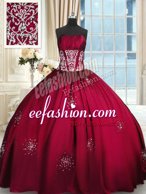  Sleeveless Floor Length Beading and Appliques and Ruching Lace Up Quinceanera Gowns with Wine Red