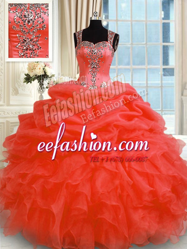 Trendy Organza Straps Sleeveless Zipper Beading and Ruffles Sweet 16 Dresses in Red