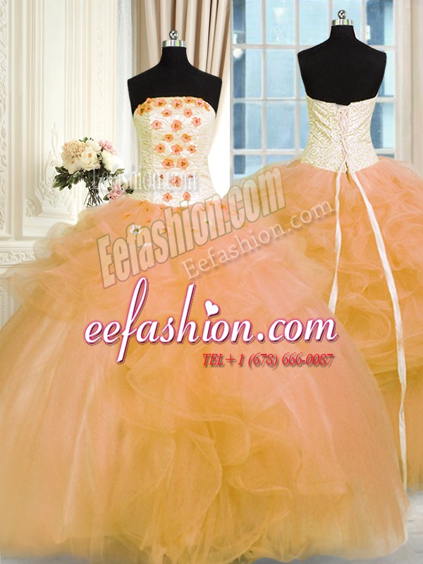 Gold Lace Up Strapless Hand Made Flower Quinceanera Dress Tulle Sleeveless