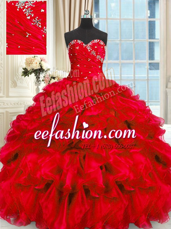 Edgy Beading and Ruffles Sweet 16 Dresses Red Lace Up Sleeveless Floor Length