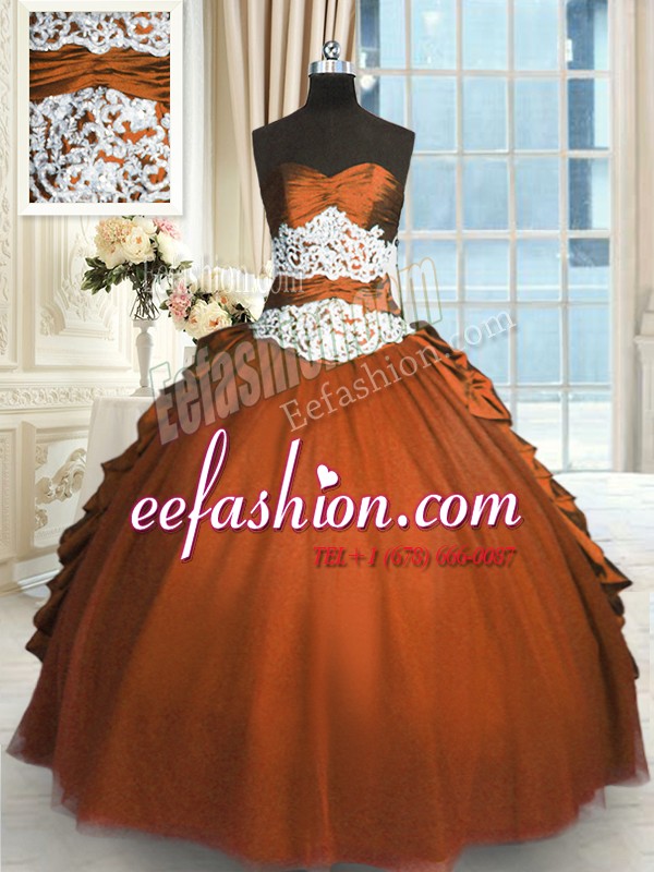 Beauteous Sleeveless Taffeta and Tulle Floor Length Lace Up 15th Birthday Dress in Rust Red with Beading and Lace and Ruching and Pick Ups