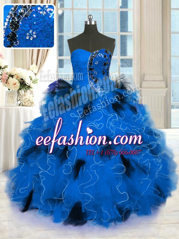 Nice Blue Tulle Lace Up Vestidos de Quinceanera Sleeveless Floor Length Beading and Ruffles